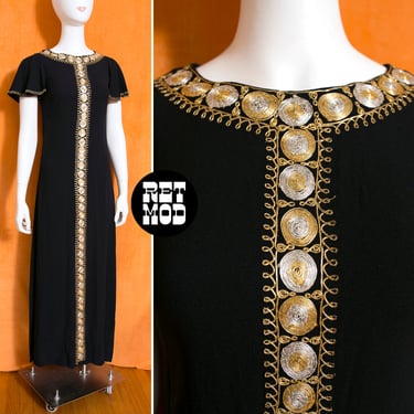 STUNNING Vintage 70s Black Slinky Maxi Dress with Metallic Medallion Trim & Flutter Sleeves 