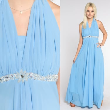 Blue Grecian Gown 90s Party Dress Chiffon Lace Up Open Back Rhinestone V Neck Maxi Halter Sleeveless Glam Retro Cocktail Vintage 1990s Small 