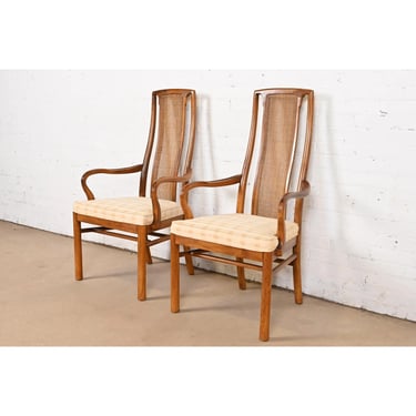 Drexel Heritage Mid-Century Modern Walnut and Cane High Back Dining Armchairs, Pair