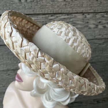 vintage straw boater hat 1960s folded brim statement chapeau 