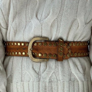 Vintage 1970s Anne Klein Suede Leather Gold Studded Hippie Belt Sz S 