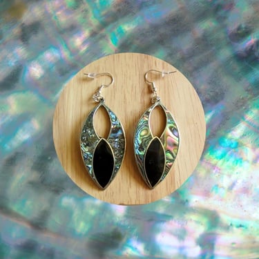 Vintage Abalone Teardrop Earrings - Alpaca Mexico Sterling Silver Shell Drop Dangle Earrings 