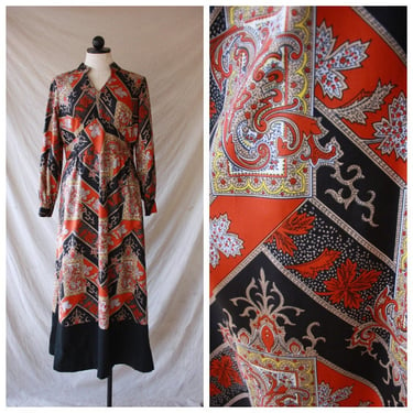 60s 70s Psychedelic Autumnal Maxi Dress Long Sleeve Orange Paisley Size M 