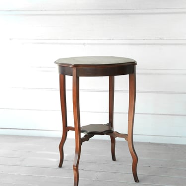 Antique vintage 1940s round walnut wood tall side table 