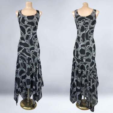 VINTAGE 90s Sheer Black and Ivory Drop Waist Handkerchief Hem Dress Size 12 | 1990s Gatsby Retro 1930s Gothic Fairy Dress | VFG 