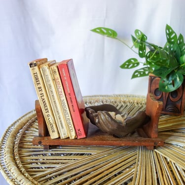 Vintage 12" long carved wood bookshelf tabletop adjustable small book ends, hippie boho decor, altar display book holder or office organizer 