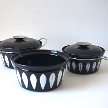 Vintage Black Enameled Pot and Pan Set by Cathrineholm, Norway 