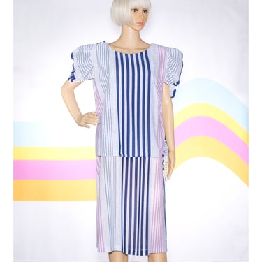Vintage 1980s Blousy Pink and Blue Striped Dress | Large | i-4 