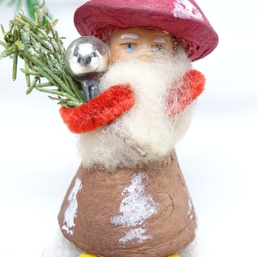 Antique  German Spun Cotton Santa with Faux Feather Christmas Tree, Retro  MCM Germany, Vintage Holiday Decor 