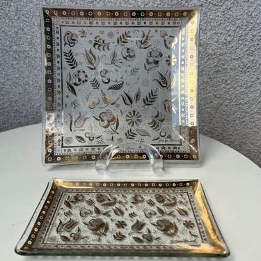 Vintage MCM Hollywood Regency glass bent trays set 2 square clear with 22k gold floral theme signed Georges Briard 
