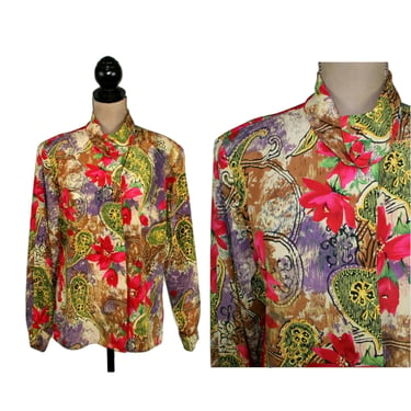 L 80s High Neck Long Sleeve Polyester Blouse Large, Multicolor Mixed Print Button Up, 1980s Clothes Women, Vintage Clothing By TESS Size 12 