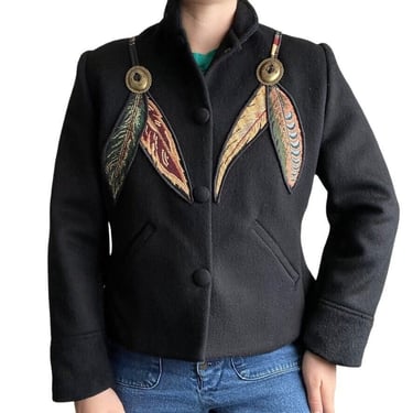 Vintage 80s Womens Coloratura Black Wool Native American Feather Western Jacket 