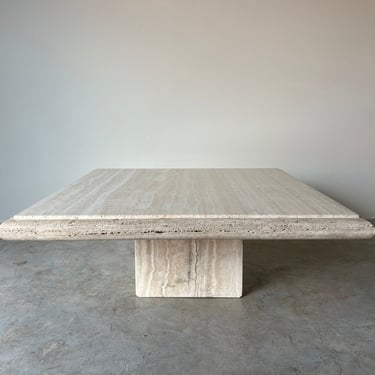 80's Italian Postmodern Bull Nose Edge - Beige Travertine Square Coffee Table 