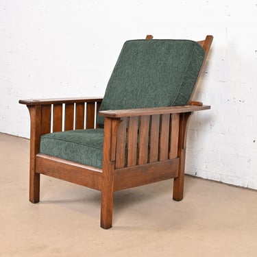 L. & J. G. Stickley Antique Mission Oak Arts & Crafts Reclining Morris Lounge Chair, Newly Refinished