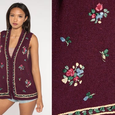 Floral Knit Vest 00s Purple Sweater Vest Top Embroidered Flower Button up Silk Rayon Retro Sleeveless Sweater Vintage Y2K Medium M 