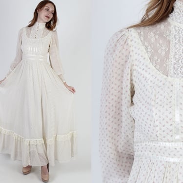 70s Gunne Sax Long Tiered Boho Wedding Dress / Vintage 1970s Romantic Prairie Dress / High Neck Cottagecore Floral Voile Maxi 