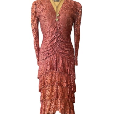 vintage 1980s rust lace coffin dress, tiered asymmetrical skirt, puff shoulders, 80s cocktail dress, kotivo, small medium 