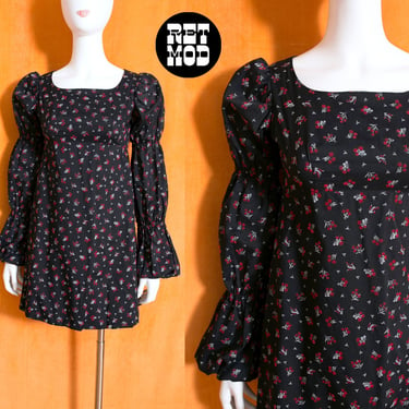 WOW Vintage 60s 70s Black Floral Virago Sleeves Dolly Dress 