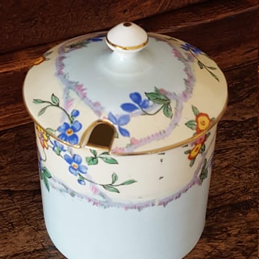 AYNSLEY Bone China Mustard Pot~Porcelain Mustard Pot~Antique Vintage Mustard Server~Hand painted Flowers Blue Pink White~JewelsandMetals 