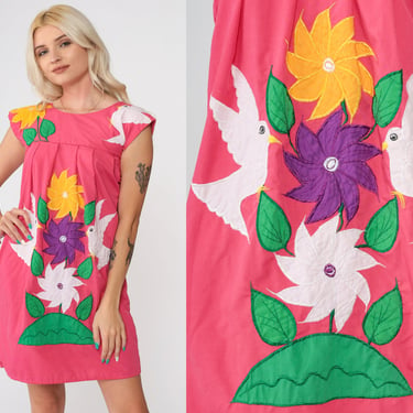 Embroidered Mexican Dress 80s Pink Dove Bird Dress Hippie Boho Mini Bohemian Floral Cap Sleeve Cotton Tunic Puebla 1980s Festival 2xs xxs 