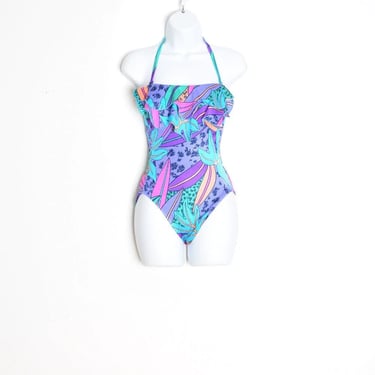 vintage 80s swimsuit purple hawaiian print floral aloha one piece bathing suit clothing 