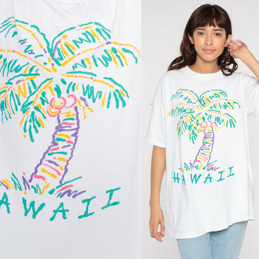 Hawaii T shirt 90s Palm Tree Shirt Tropical Tourist Beach TShirt White Neon Graphic Tee Retro Single Stitch T-Shirt Vintage 1990s 3xl xxl 