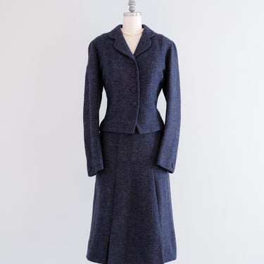 Vintage 1950’s Steel Blue Tailored Wool Suit / Small