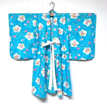 Vintage 1960s Japanese Child's Cotton Kimono, 60s Turquoise Floral Summer Robe, Large 