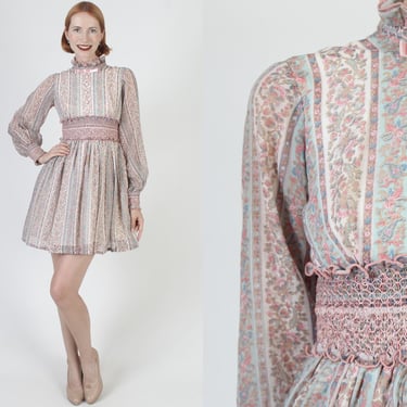 60s Pastel Floral Dress, Embroidered Smocked Tuxedo Dress, Ruffle Neck Cocktail Party Mini Dress 