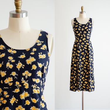 cute cottagecore dress 90s vintage navy blue yellow orange floral midi dress 