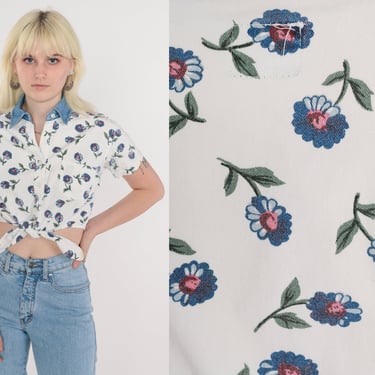 Floral Crop Top 90s Tie Front Blouse Button up Cropped Shirt Flower Daisy Print Short Sleeve Collared White Blue Denim Vintage 1990s Medium 