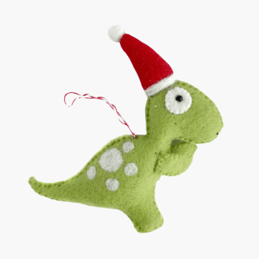 T-Rex in santa hat telt wool dinosaur ornament