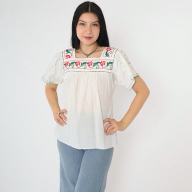 Vintage Floral Embroidered Blouse 90s White Mexican Top Peasant Hippie Short Sleeve Boho Tent Shirt Red Flower 1990s Semi-Sheer Small S 