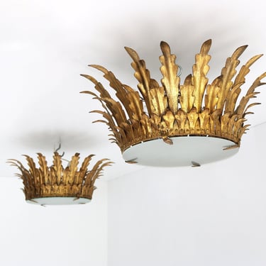 Pair of European Mid-Century Gilt Tole Crown Light Sunburst Flush Mount Pendant Ceiling Light Leaf Motifs Frosted Glass Hollywood Regency 50 