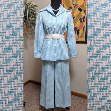 Vintage 1970s Blue & White Print Polyester Leisure Suit Set with Matching Jacket and Wide Leg Pants by Queen Casuals 