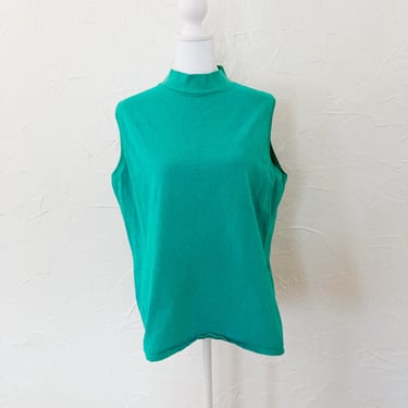 80s/90s Turquoise Cotton Mock Neck Sleeveless Tank Top | Large 