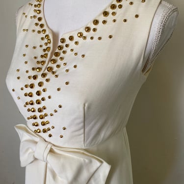 60s Vintage Cream Sleeveless Maxi Gown w/ Bow - 1960s Gold Beaded Long Party Wedding Dress 
