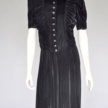 1930s black velvet dress with buttons S/M 