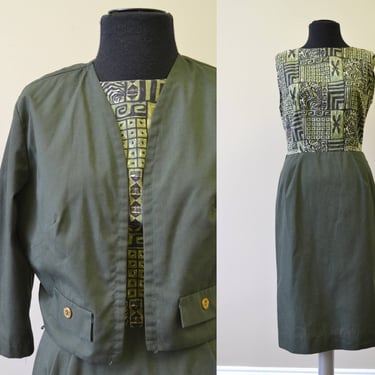 1950s Carol Brent Polynesian Print Green Dress and Jacket Set 