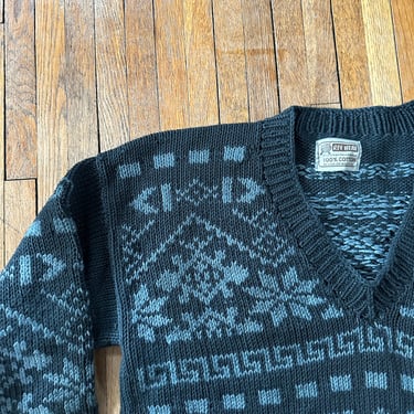 90s Aztec print sweater heavyweight cotton v neck 