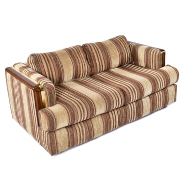 Post Modern Brown Striped Wood and Brass Accent Tuxedo Love Seat Sofa 
