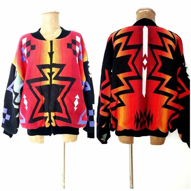 Vintage 80s Indian Blanket Jacket Size Large Coat Aztec USA Navajo Southwest