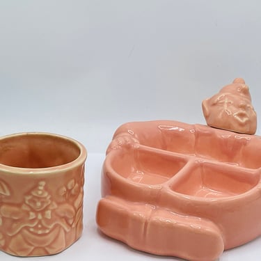 Set of Hankscraft Porcelain Pink Colored Clown shaped Baby Food Warmer and Cup- Great Condition 