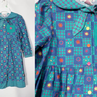 Vintage 90s Kids Gymboree Fall/Winter Cotton Funky Floral Print Dress With Bib Collar Size 8 XXL 