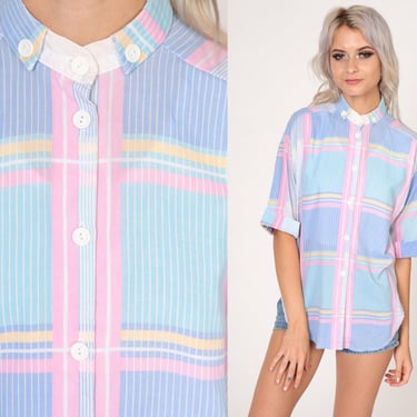 Checkered Blouse 80s Button Up Shirt Baby Pink White Blue Striped Plaid Print Cuffed Sleeve Collared Top Casual Summer Vintage 1980s Medium 