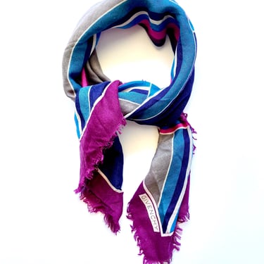 Vintage Givenchy Scarf Fringe Edged Striped Face Covering // Purple White Geometric Face Mask 