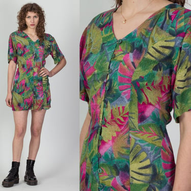 Vintage Tropical Palm Print Mini Grunge Dress - Medium | 80s 90s Button Up Short Sleeve Sundress 