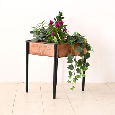 Vintage Metal Planter with Copper Insert, Mid-Century Modern Plant Stand 