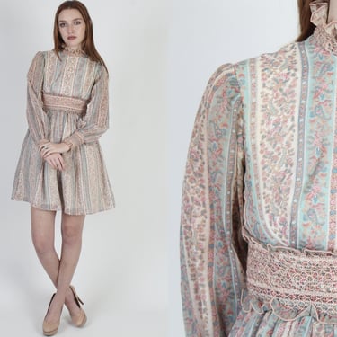 60s Pastel Floral Dress, Embroidered Smocked Tuxedo Dress, Ruffle Neck Cocktail Party Mini Dress 