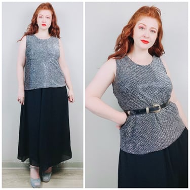 1990s Vintage Mlle Gabrielle Silver and Black Gown / 90s / Nineties Silver Sequin Two Piece Tank Dress / Size 14 